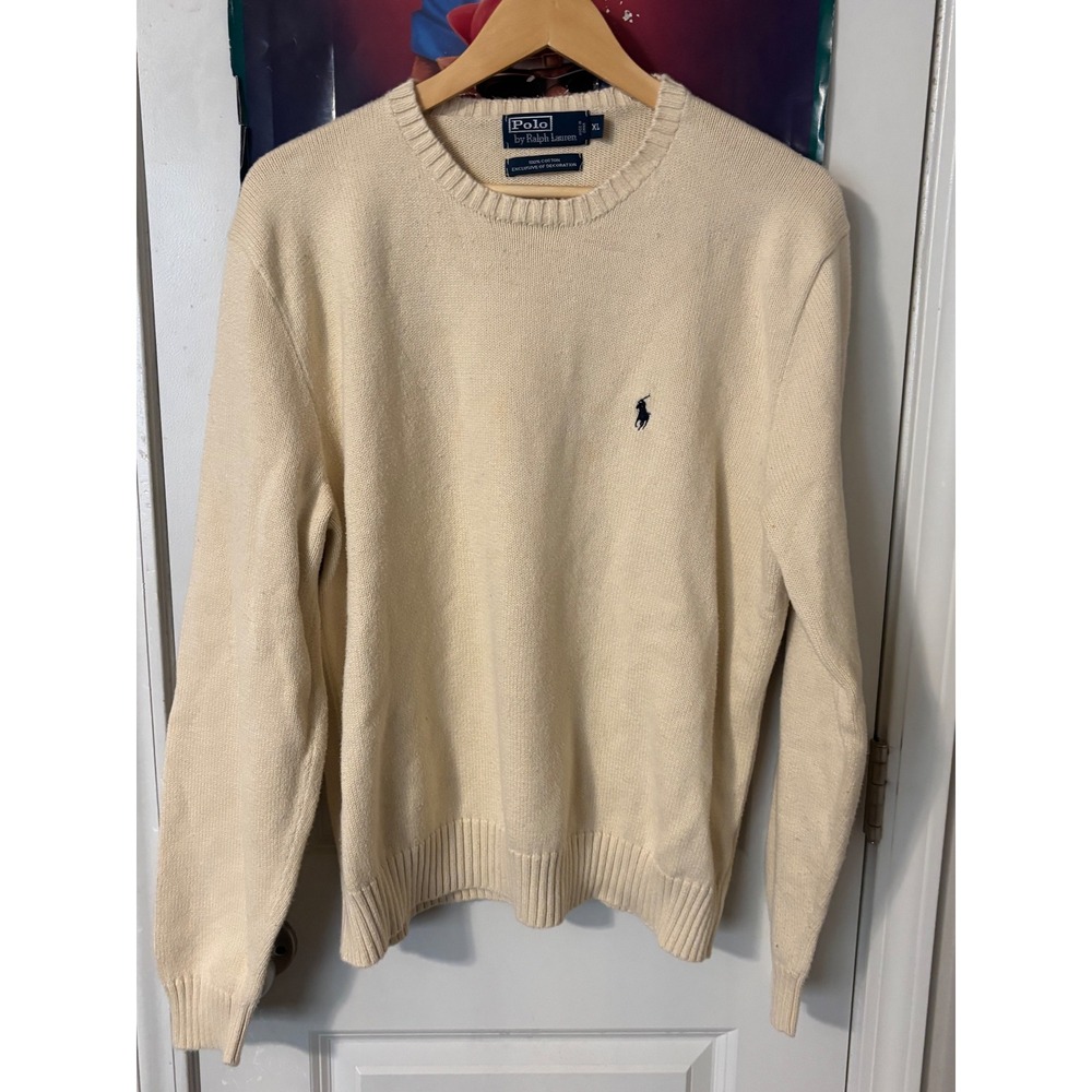 Polo Ralph Lauren Mens XL Cream Cotton Crewneck Knit Sweater Navy Pony Logo